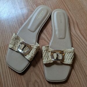 ALDO Women's Beige Braided Slide Sandals with Gold Buckle